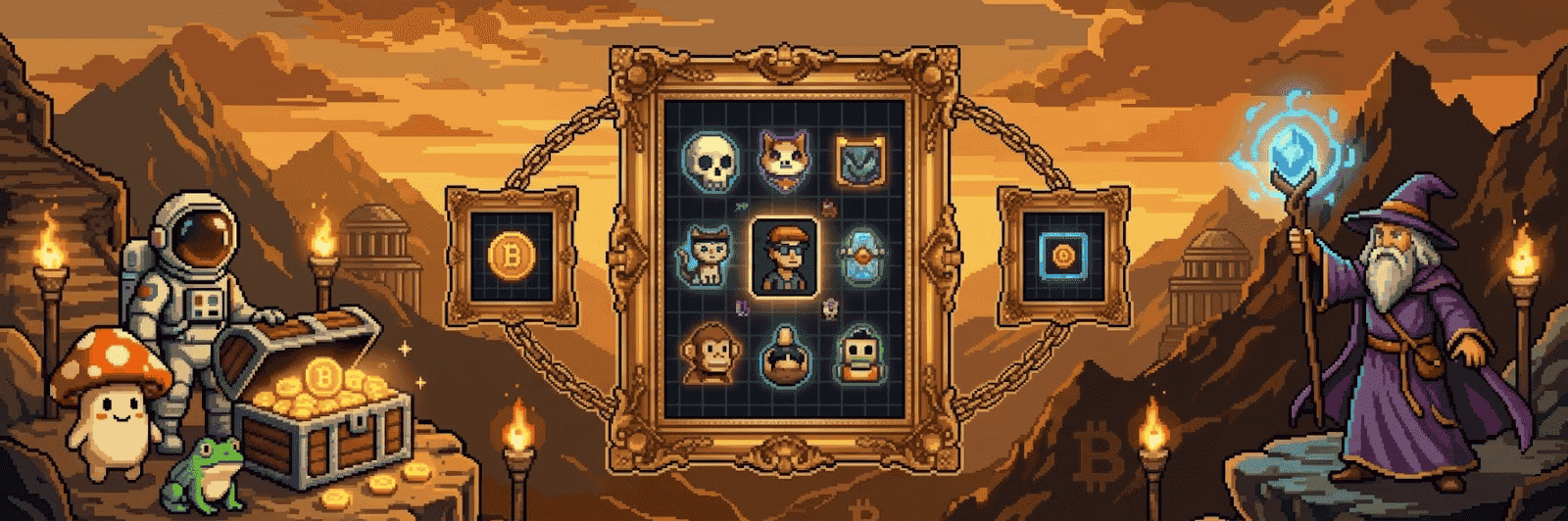 Gallery of Galleries — pixel-art Ordinals gallery frames connected by chains with Bitcoin mountain landscape